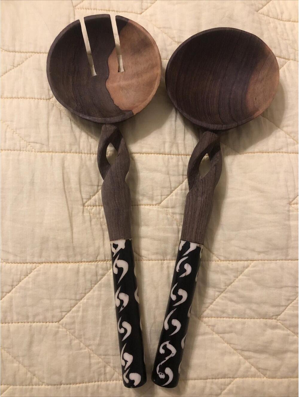 Hand-Carved‎ Wooden Salad Serving Set Tribal Inlay Design Rustic